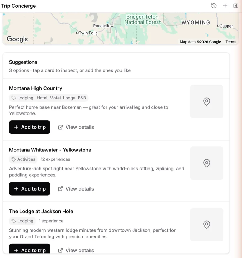 Meera proposing three real lodging options from Off the Beaten Path's inventory — Montana High Country, Montana Whitewater - Yellowstone and The Lodge at Jackson Hole — each with a reason and an Add to trip button.