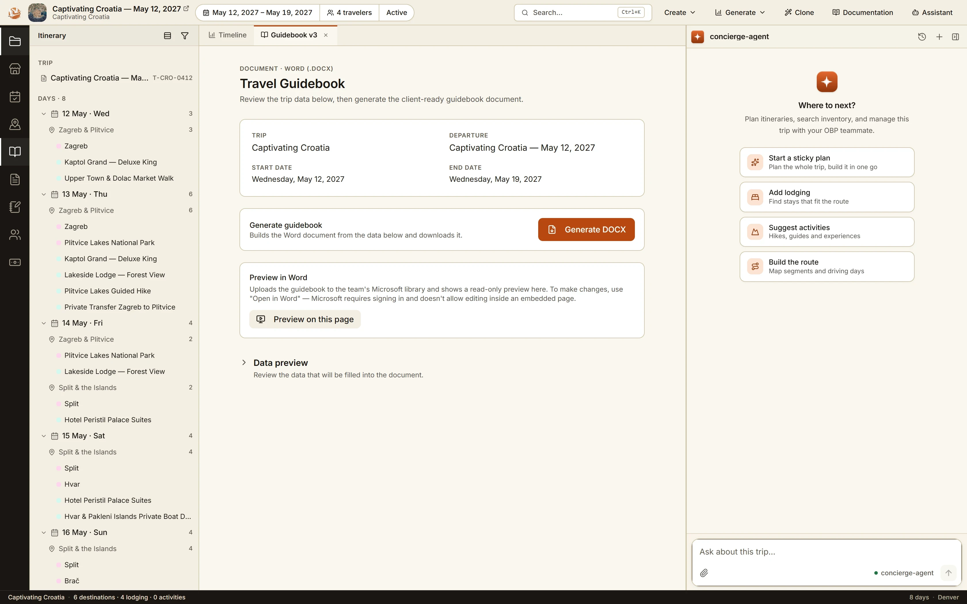 The Travel Guidebook screen shows the sample trip dates, a Generate DOCX button, Word preview and a data preview section.