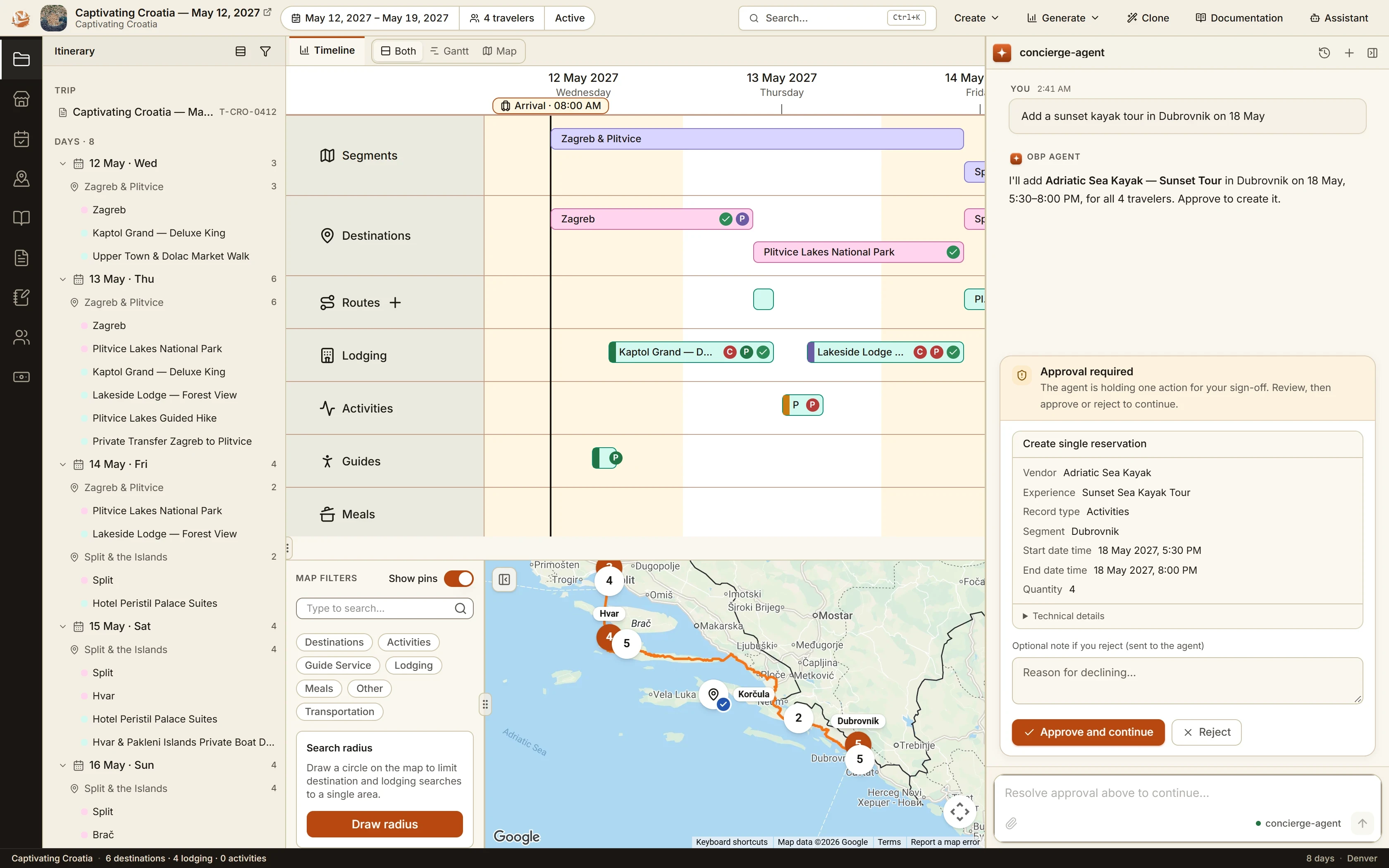 EMS with a Croatia itinerary and route map beside an active assistant conversation. The planner asks for a sunset kayak tour in Dubrovnik on 18 May. The assistant responds with a tour for four travelers and displays a reservation action awaiting approval.