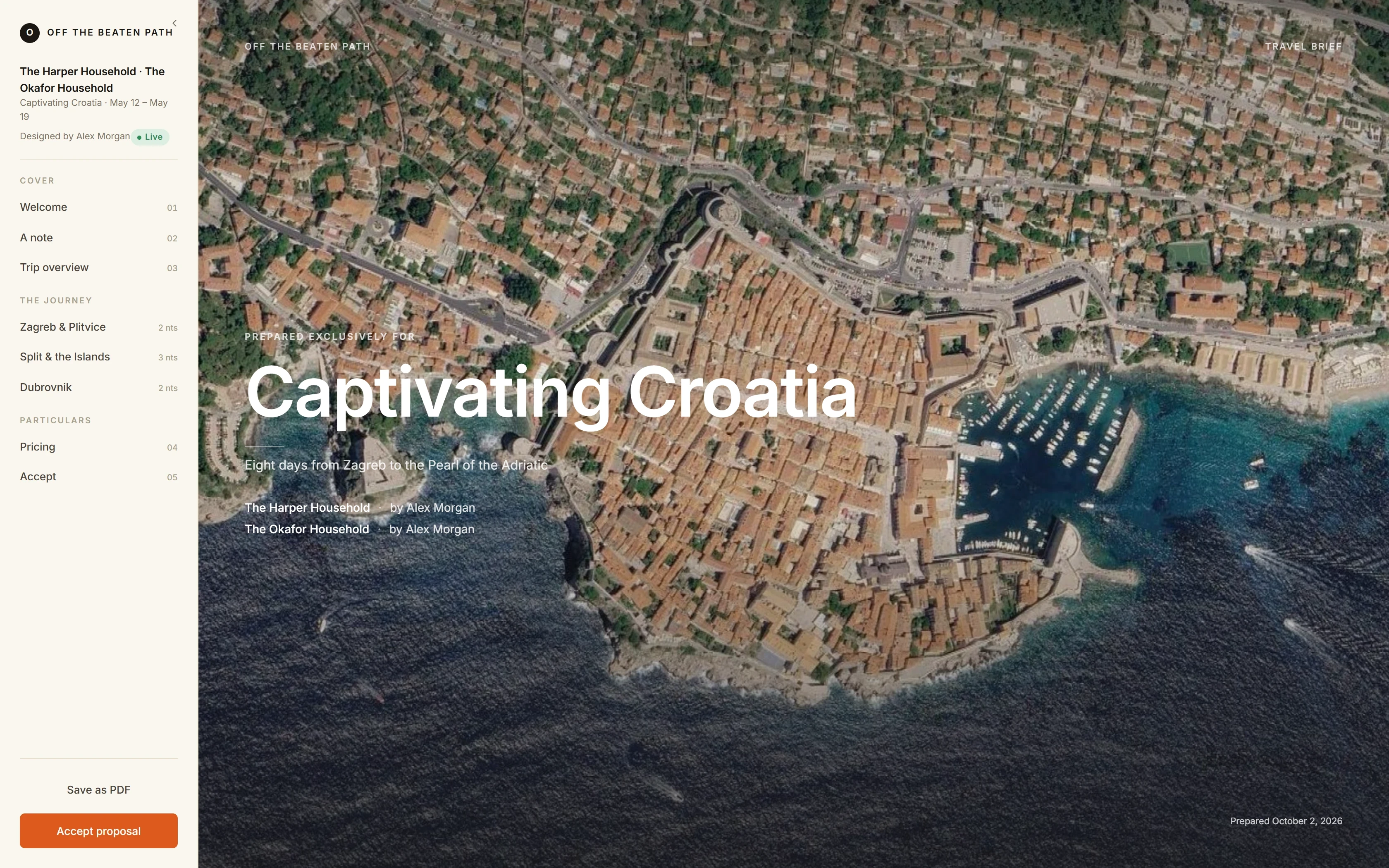A sample Captivating Croatia proposal with a Dubrovnik cover photo, journey navigation, Save as PDF and Accept proposal controls.