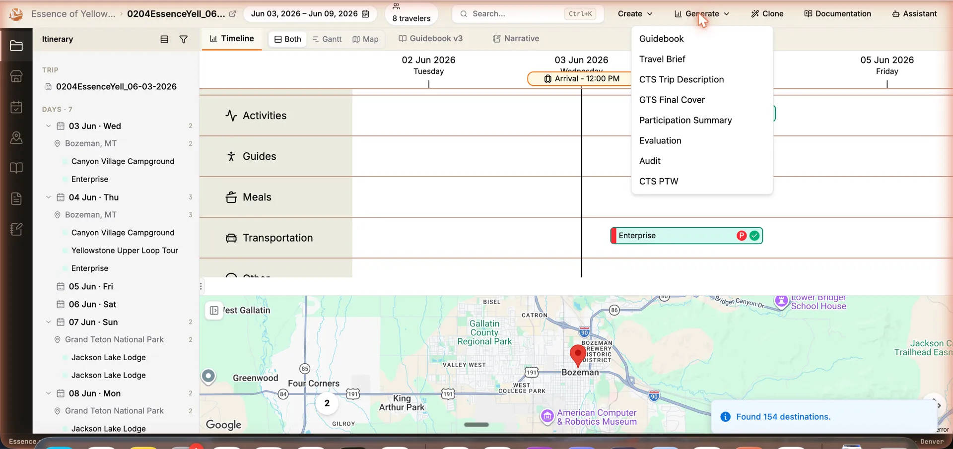 The workspace Generate menu open, listing eight one-click documents generated from the live trip: Guidebook, Travel Brief, CTS Trip Description, GTS Final Cover, Participation Summary, Evaluation, Audit and CTS PTW.