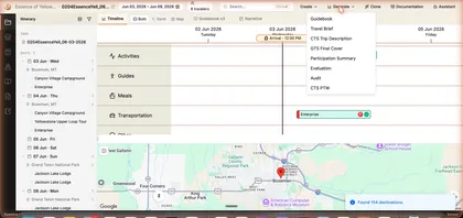 Operator actions screenshot from the live trip-design build