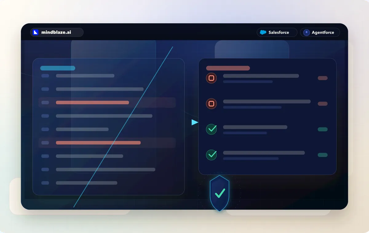 Abstract visual of a code panel being scanned, with pass and fail findings called out beside it