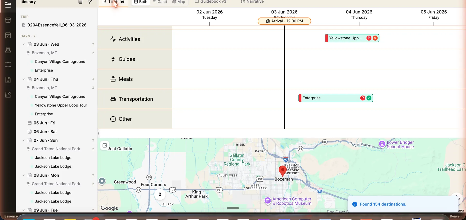 The trip-design workspace built for Off the Beaten Path — an itinerary timeline of segments, vendors, and reservations alongside a live route map